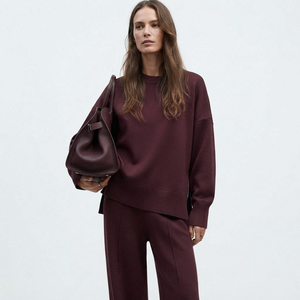 Knit Crewneck Drop Shoulder Long Sleeve Sweater