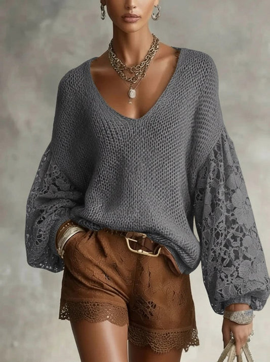 Knit Mesh Lace Long Sleeve Top