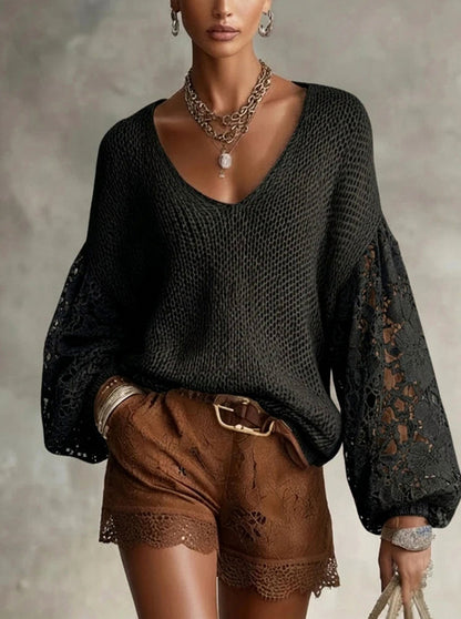 Knit Mesh Lace Long Sleeve Top