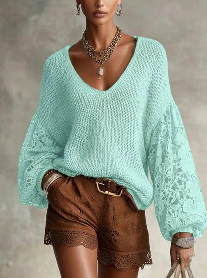 Knit Mesh Lace Long Sleeve Top