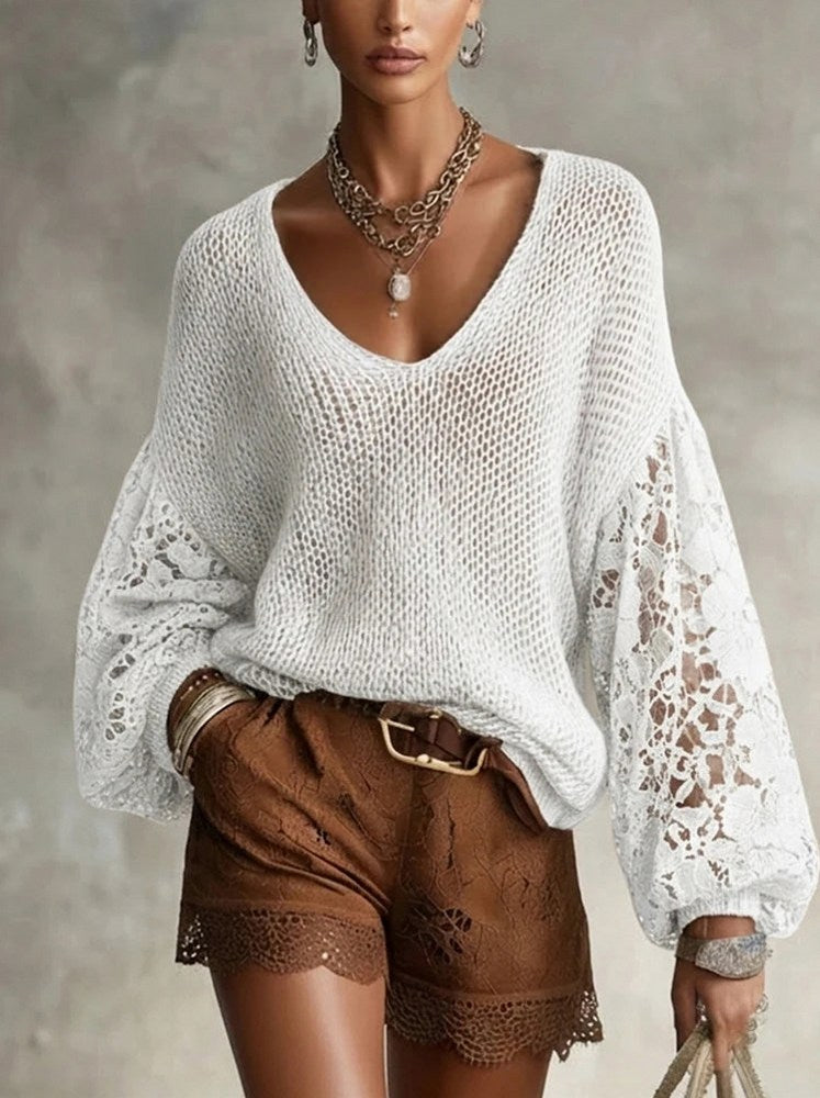 Knit Mesh Lace Long Sleeve Top