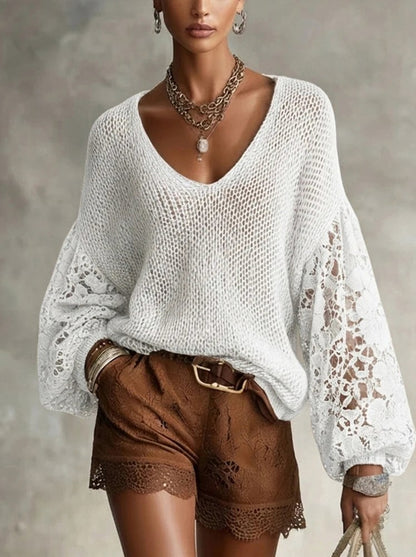 Knit Mesh Lace Long Sleeve Top