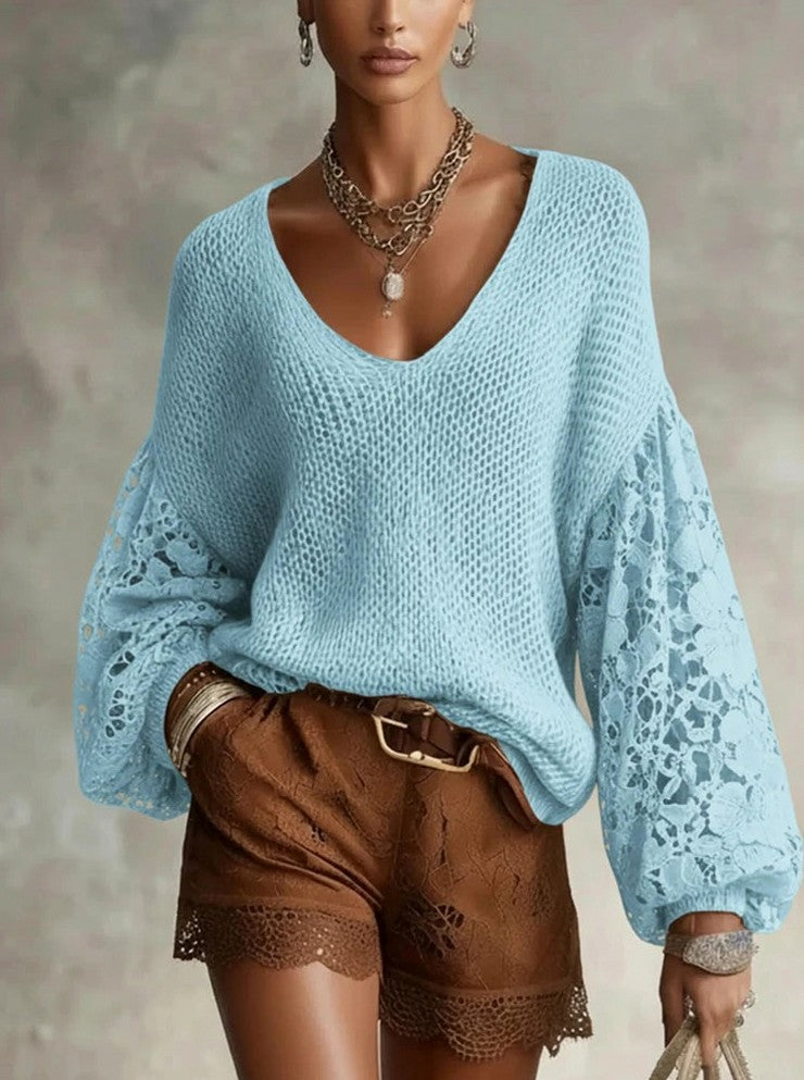 Knit Mesh Lace Long Sleeve Top