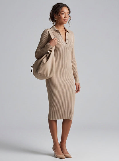 Knit Polo Long Sleeve Midi Dress