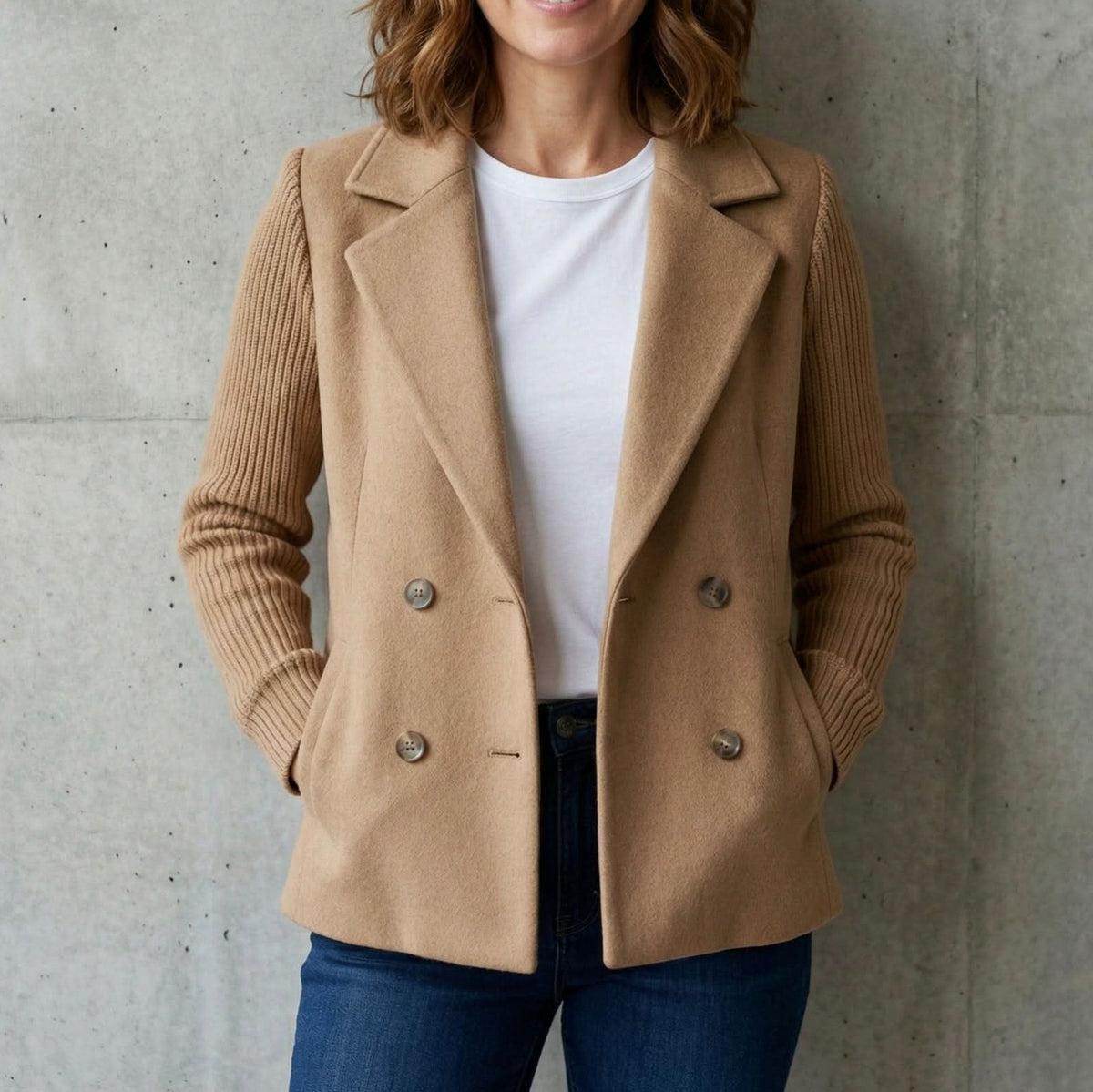 Knit Ribbed Long Sleeve Double Breasted Button Front Jacket