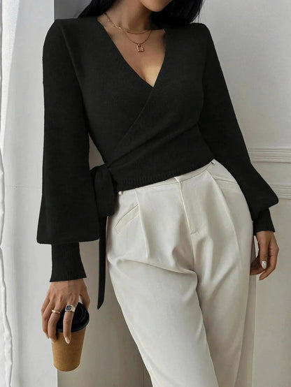 Knit Wrap Balloon Sleeve Sweater