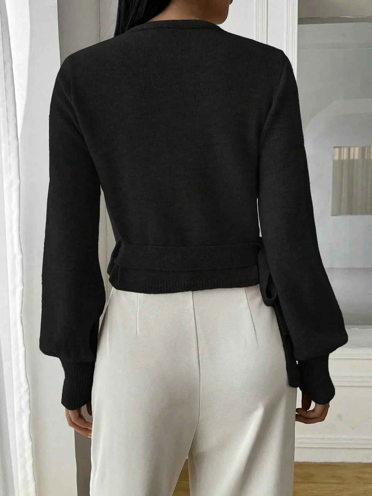 Knit Wrap Balloon Sleeve Sweater