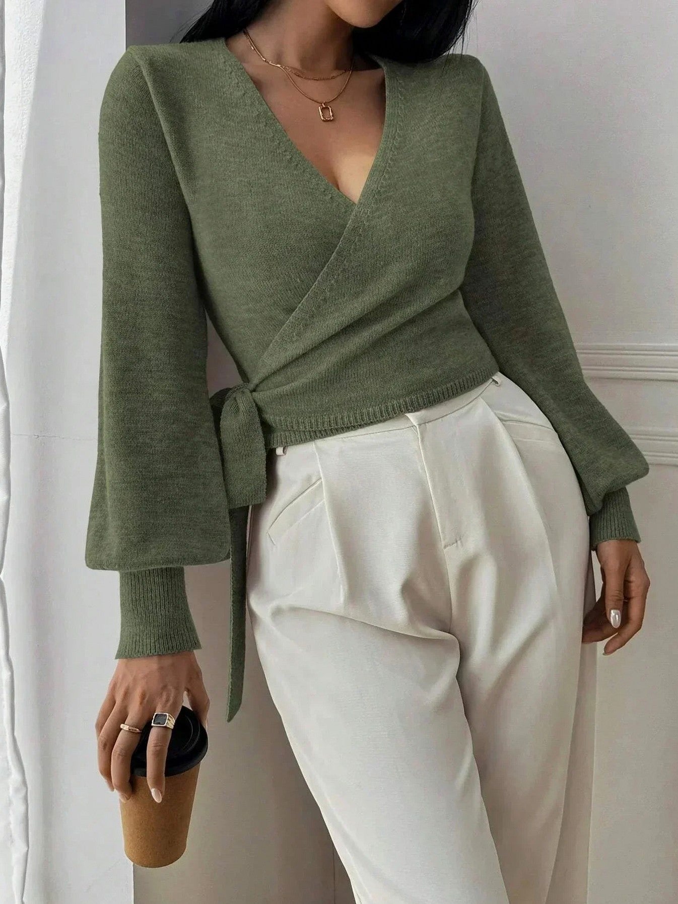 Knit Wrap Balloon Sleeve Sweater