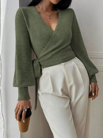 Knit Wrap Balloon Sleeve Sweater