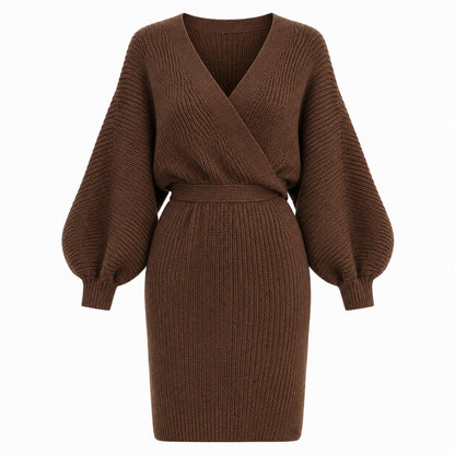 Knit Wrap V Neck Balloon Sleeve Mini Sweater Dress