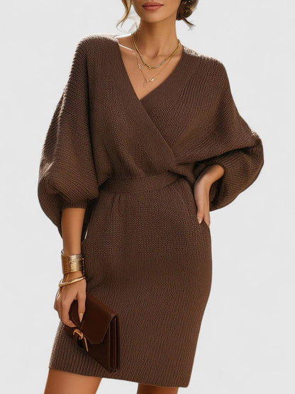 Knit Wrap V Neck Balloon Sleeve Mini Sweater Dress