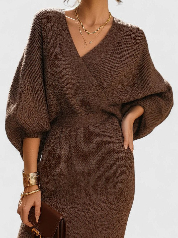 Knit Wrap V Neck Balloon Sleeve Mini Sweater Dress
