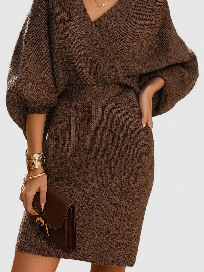 Knit Wrap V Neck Balloon Sleeve Mini Sweater Dress