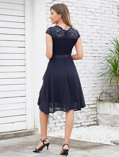 Lace Chiffon Ruffle Knee Dress