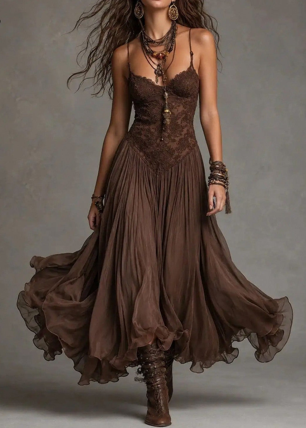 Lace Chiffon Strappy Maxi Dress