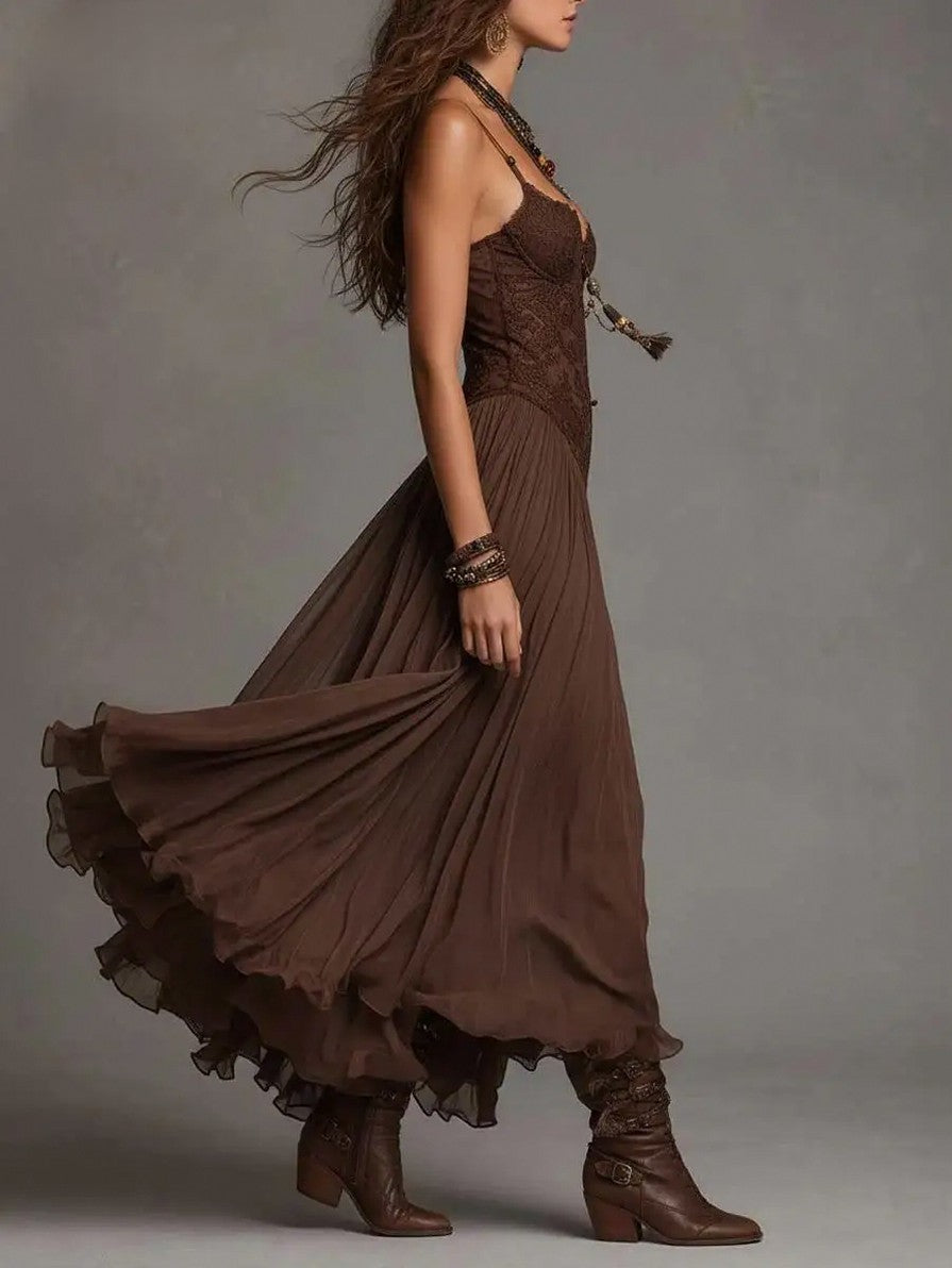 Lace Chiffon Strappy Maxi Dress