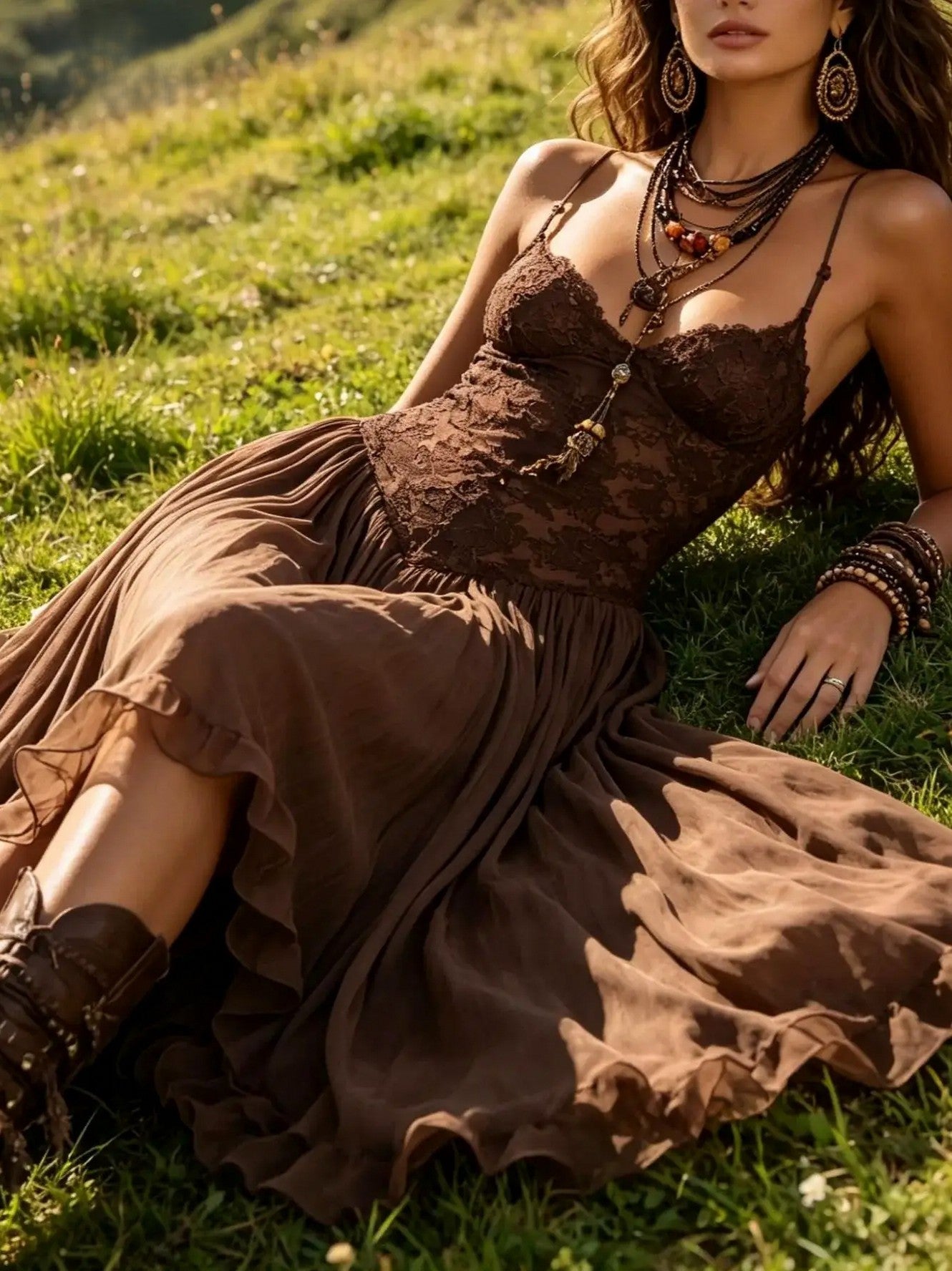 Lace Chiffon Strappy Maxi Dress