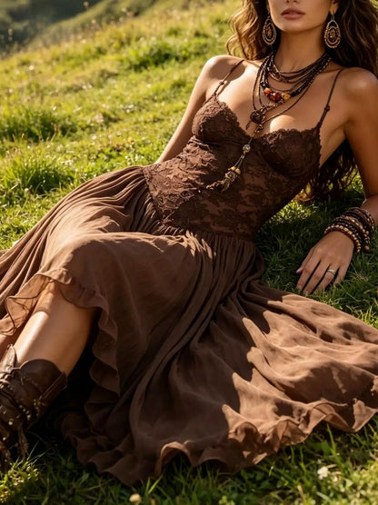 Lace Chiffon Strappy Maxi Dress