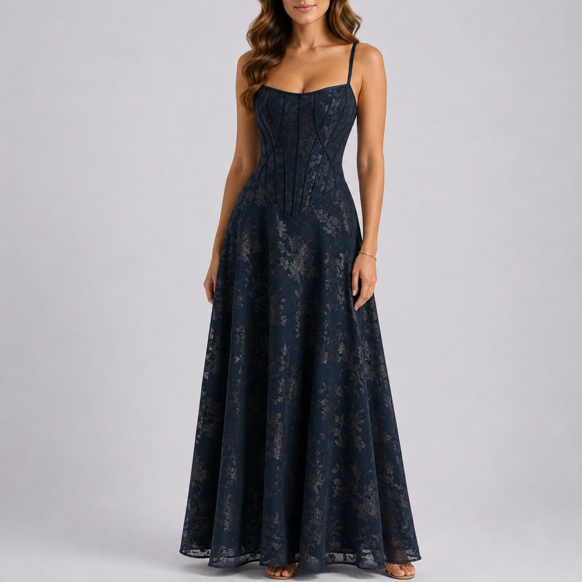 Lace Corset Square Neck Maxi Dress
