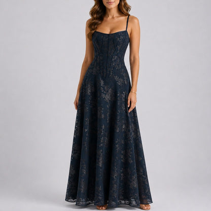 Lace Corset Square Neck Maxi Dress