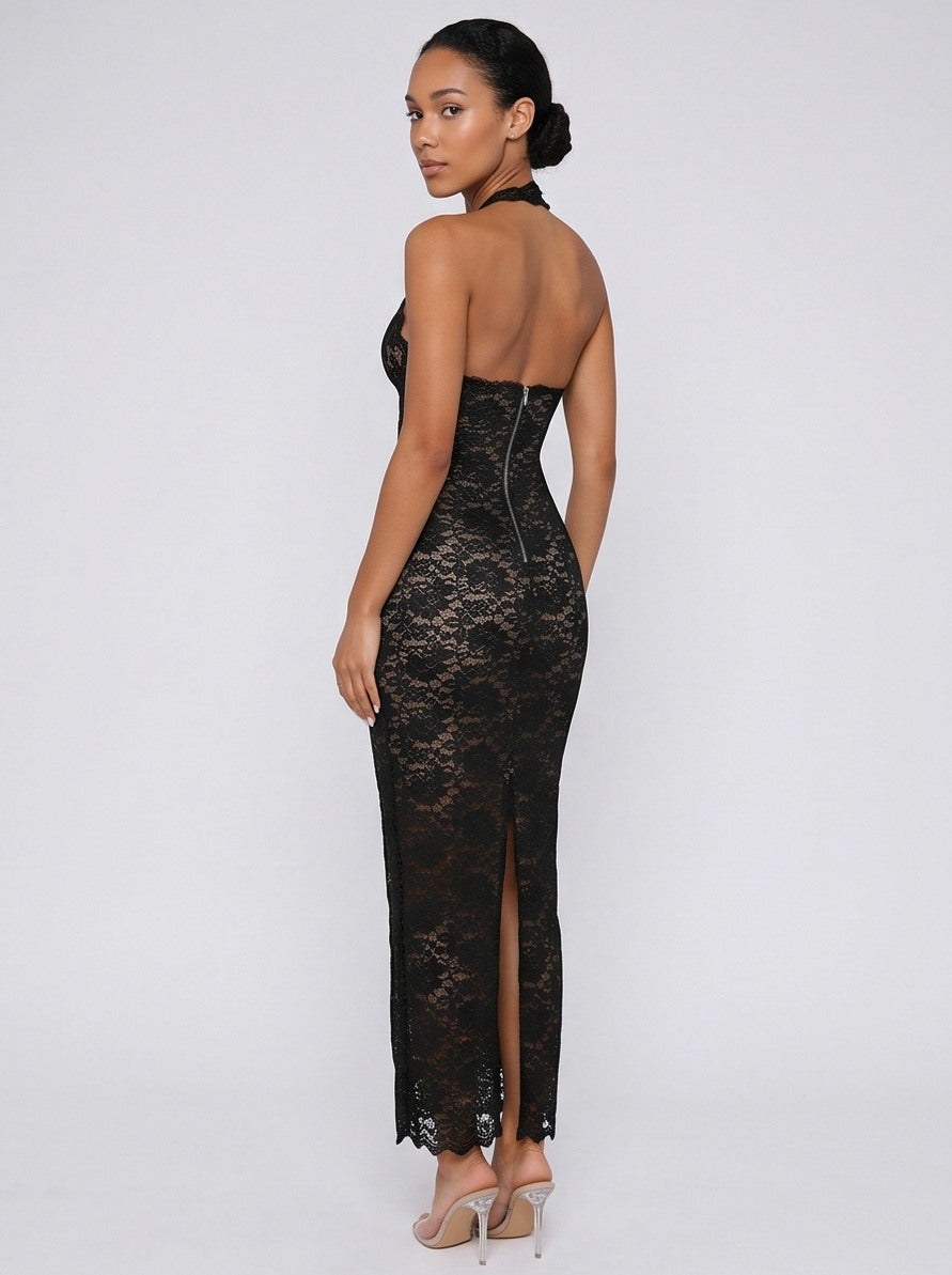 Lace Halter Backless Maxi Dress