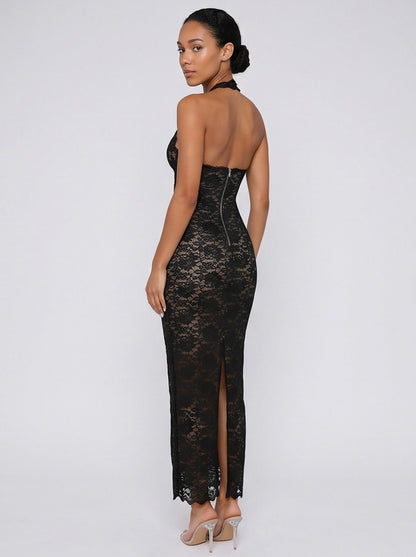 Lace Halter Backless Maxi Dress