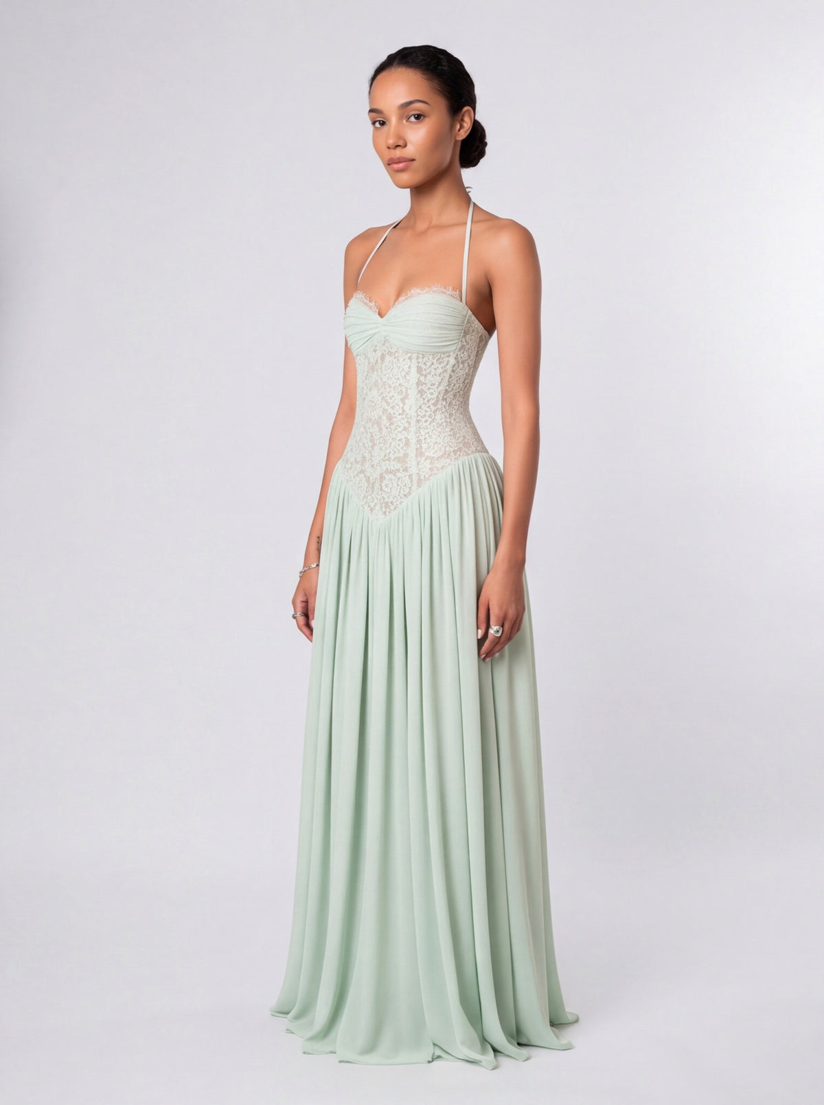 Lace Halter Pleated Maxi Dress