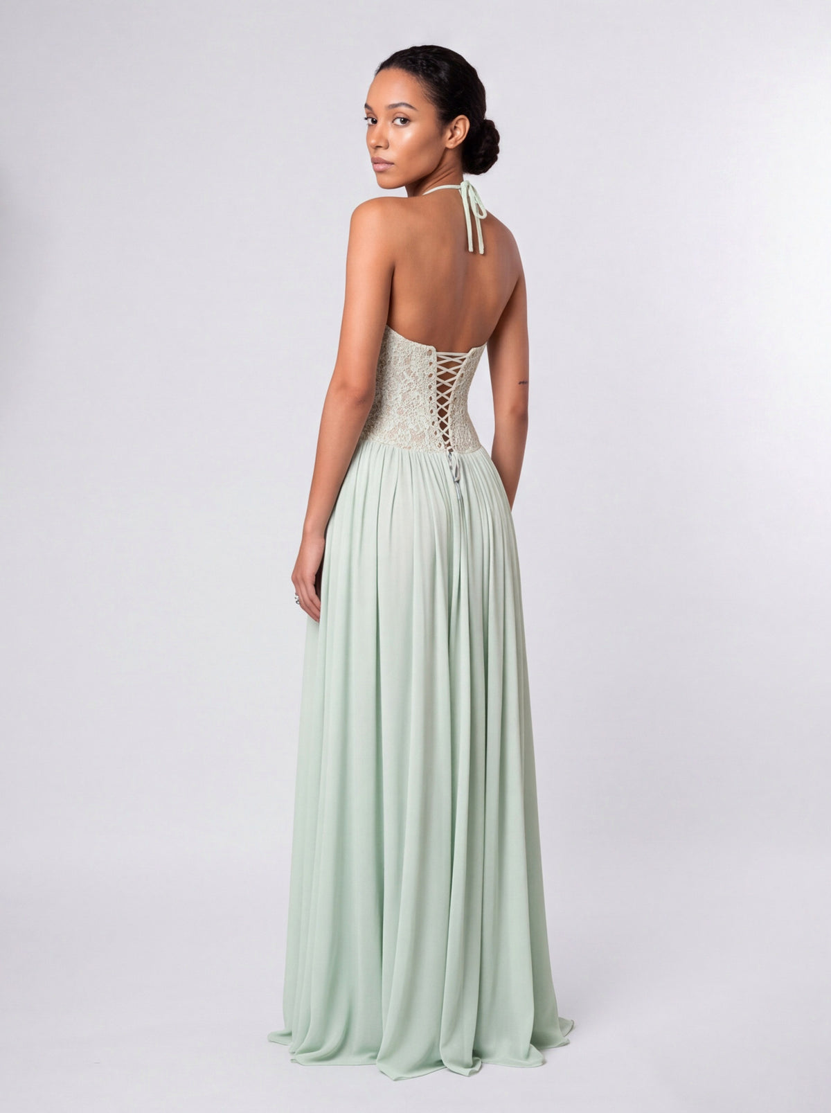 Lace Halter Pleated Maxi Dress