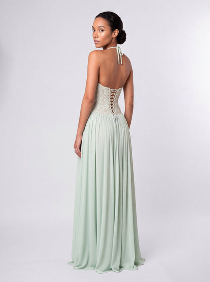 Lace Halter Pleated Maxi Dress