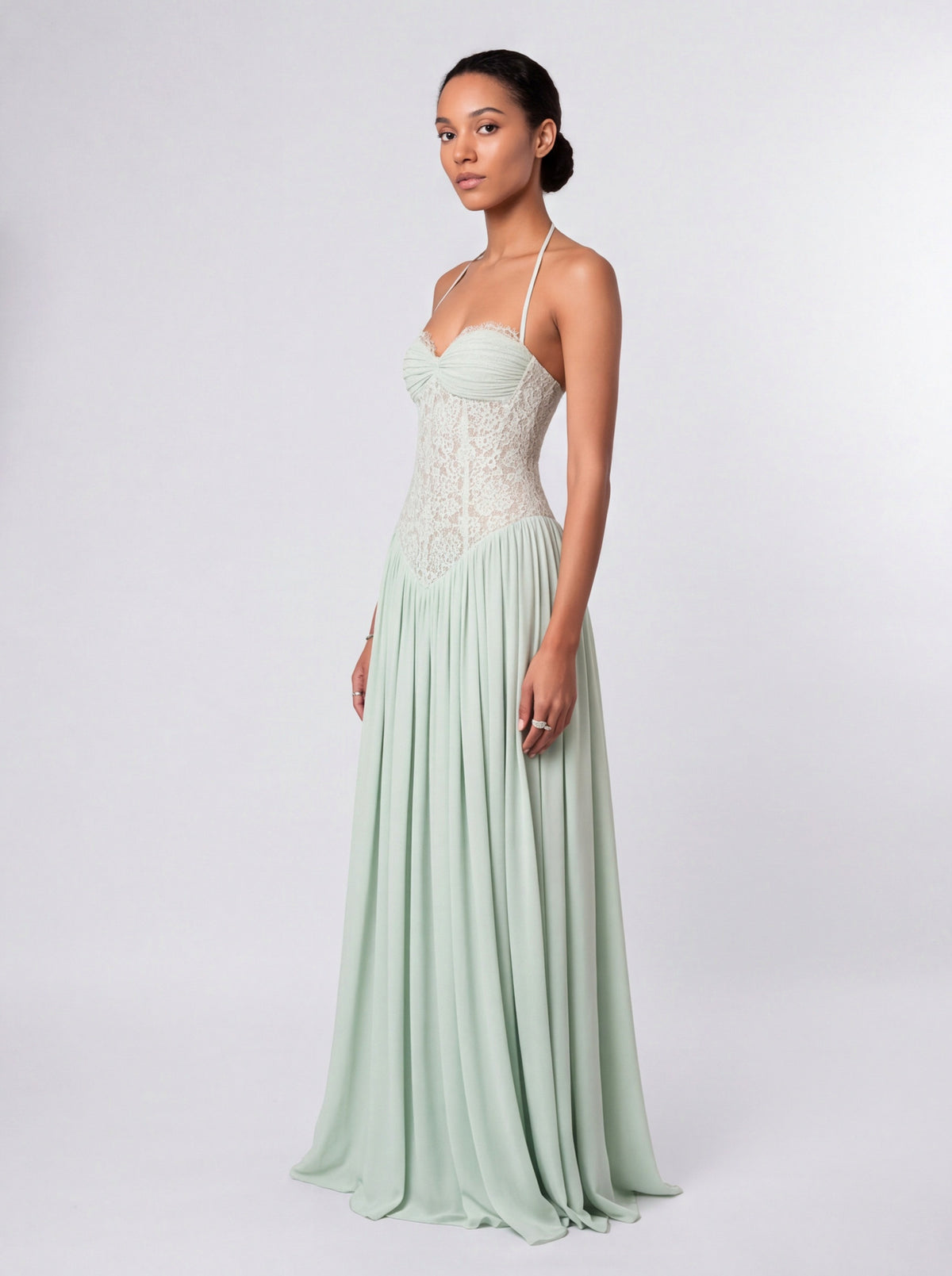 Lace Halter Pleated Maxi Dress