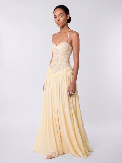 Lace Halter Pleated Maxi Dress
