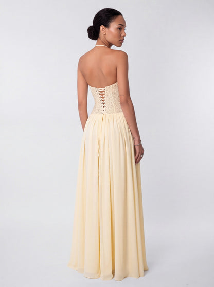 Lace Halter Pleated Maxi Dress