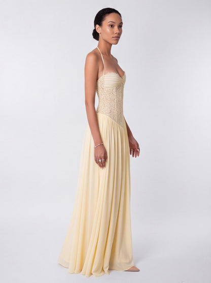 Lace Halter Pleated Maxi Dress