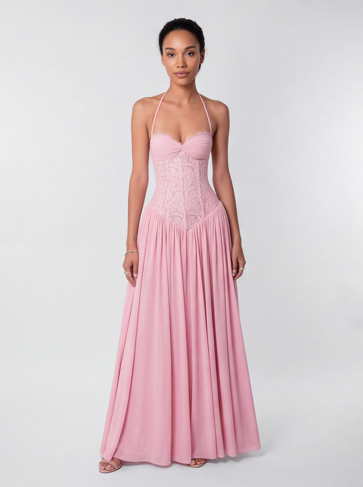 Lace Halter Pleated Maxi Dress
