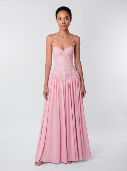 Lace Halter Pleated Maxi Dress