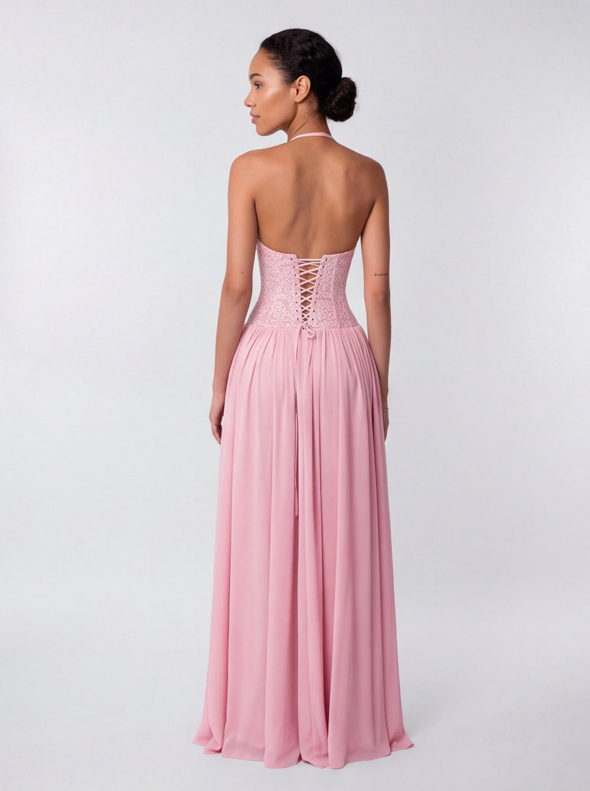 Lace Halter Pleated Maxi Dress