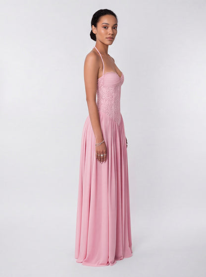 Lace Halter Pleated Maxi Dress