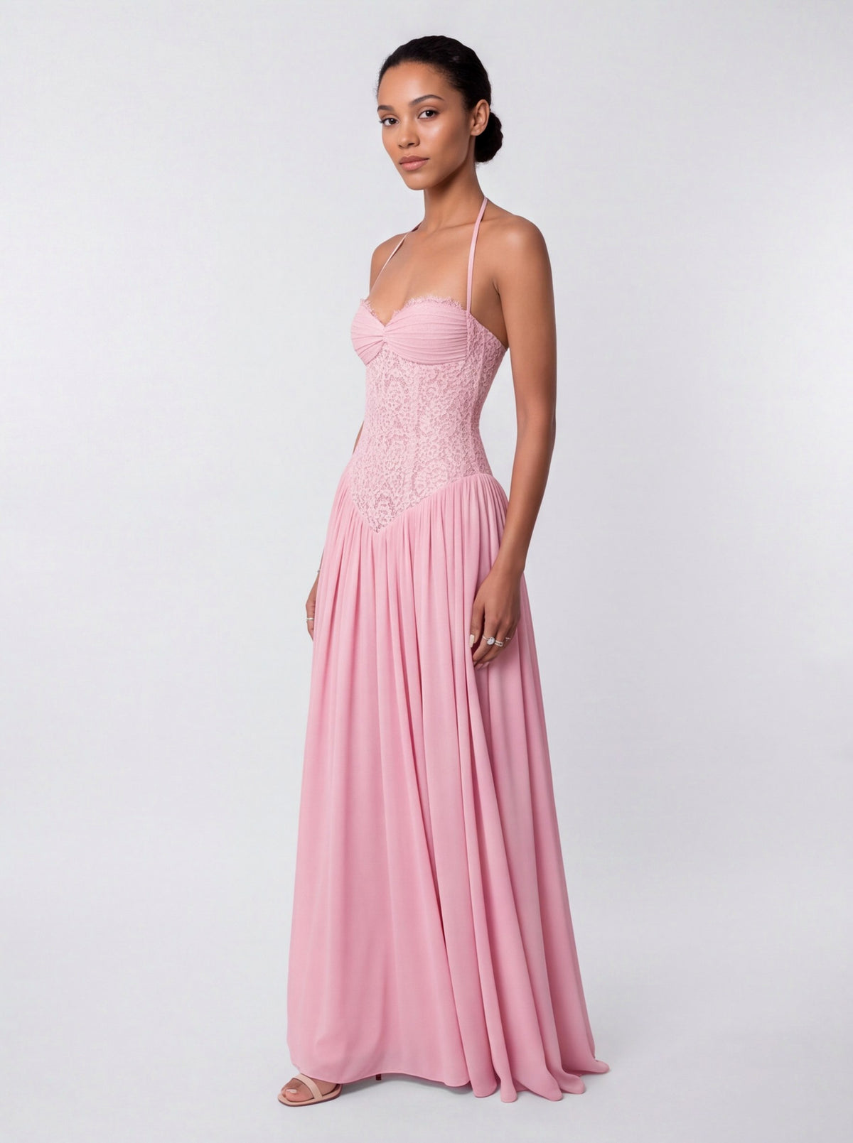 Lace Halter Pleated Maxi Dress