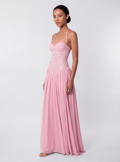 Lace Halter Pleated Maxi Dress