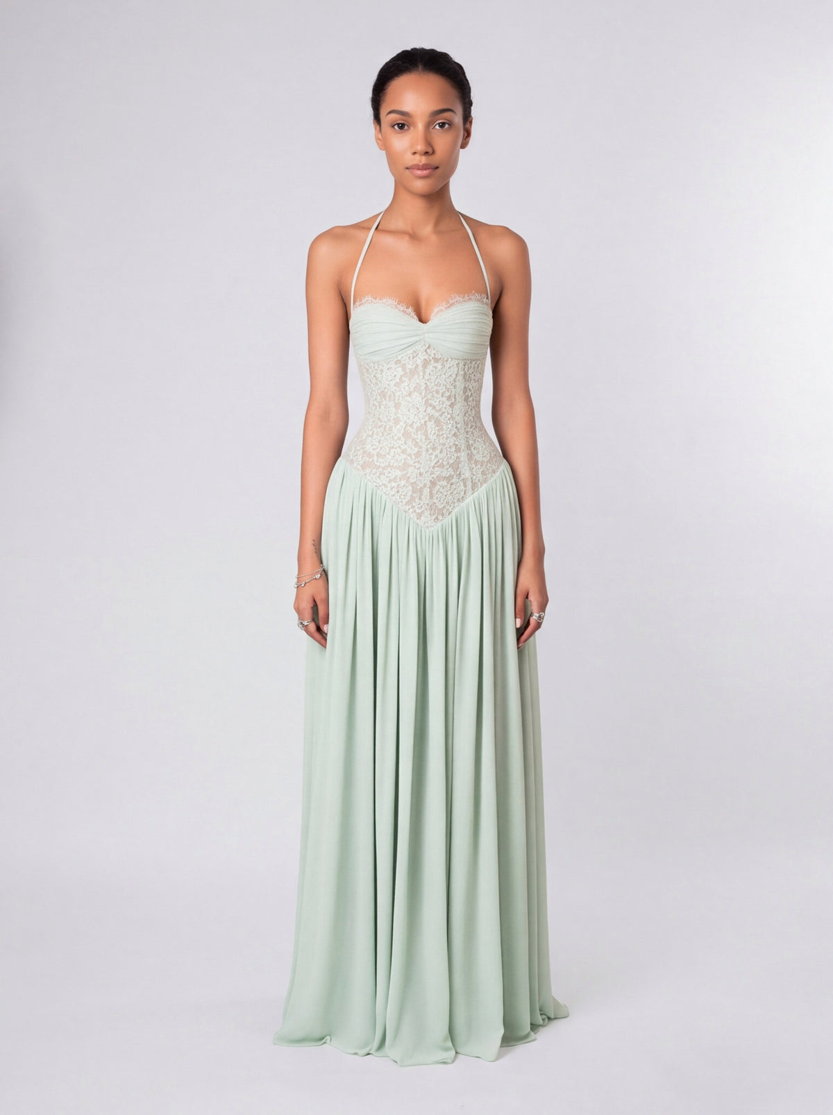 Lace Halter Pleated Maxi Dress
