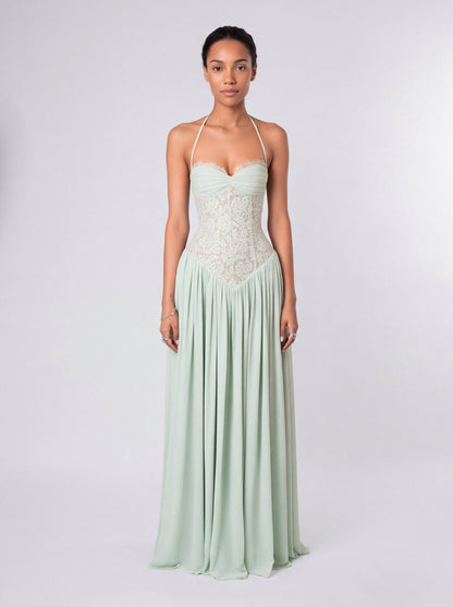 Lace Halter Pleated Maxi Dress