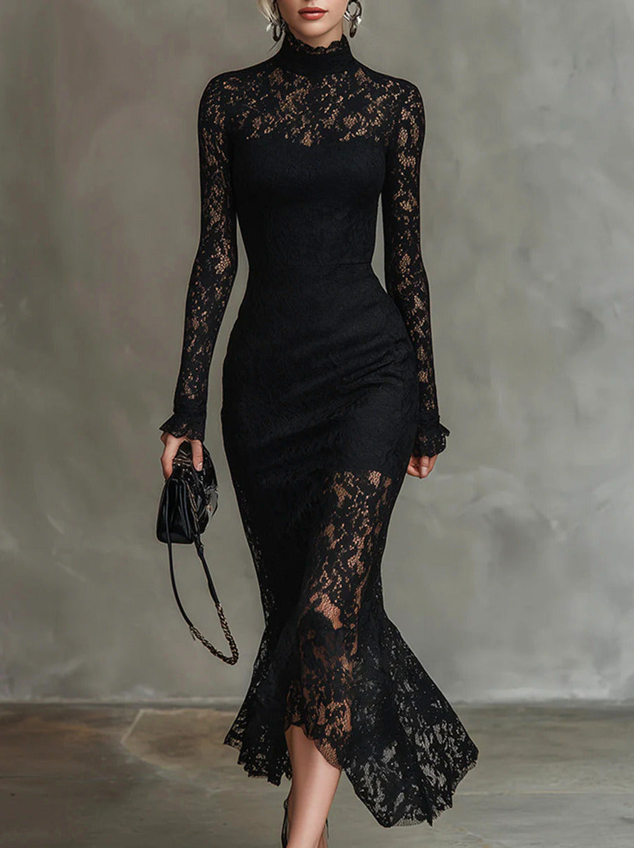 Lace High Neck Mermaid Midi Dress