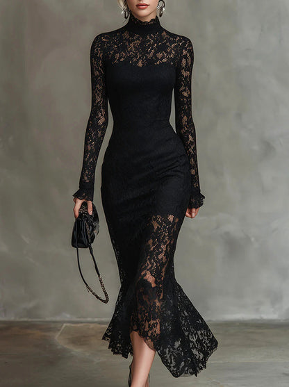 Lace High Neck Mermaid Midi Dress