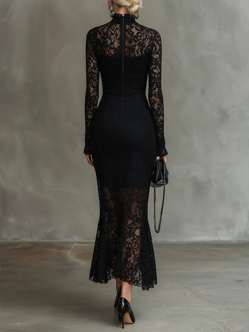 Lace High Neck Mermaid Midi Dress