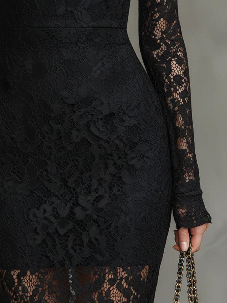 Lace High Neck Mermaid Midi Dress
