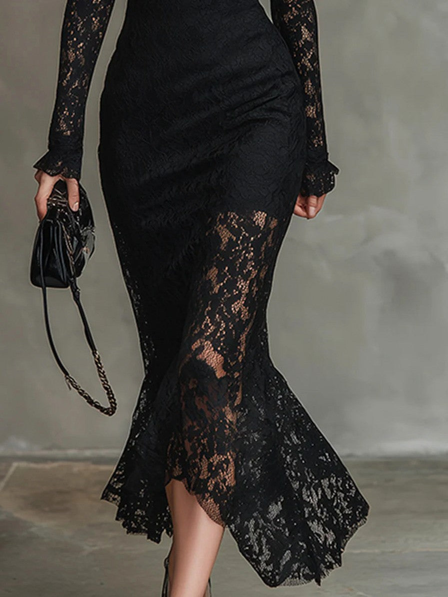 Lace High Neck Mermaid Midi Dress