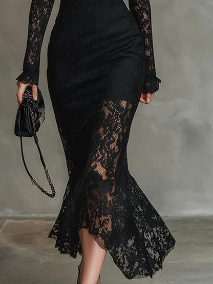 Lace High Neck Mermaid Midi Dress