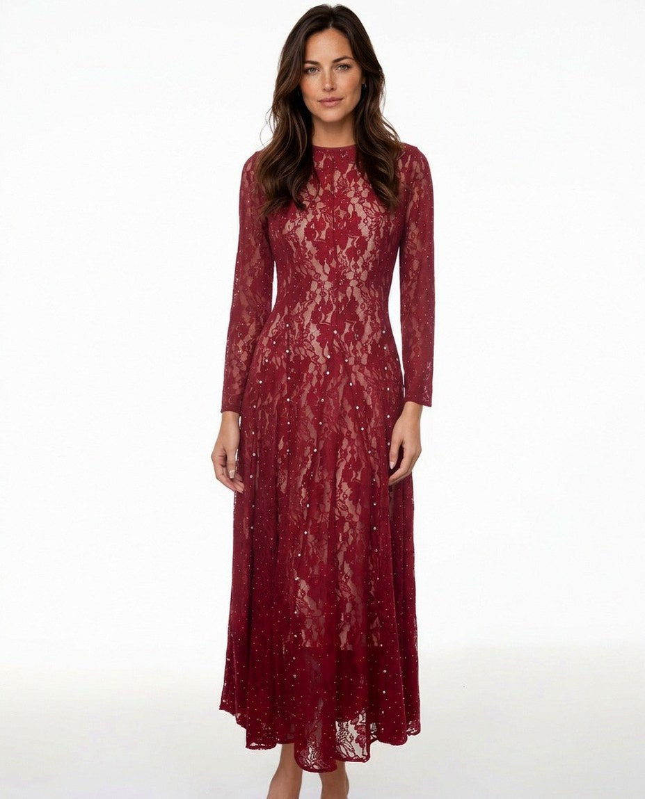Lace Long Sleeve A-Line Maxi Dress