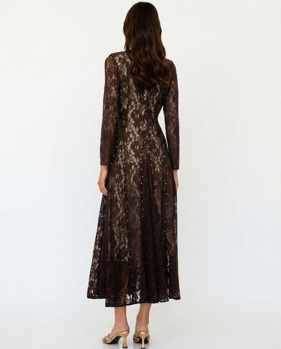 Lace Long Sleeve A-Line Maxi Dress