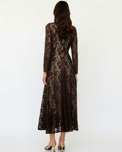 Lace Long Sleeve A-Line Maxi Dress